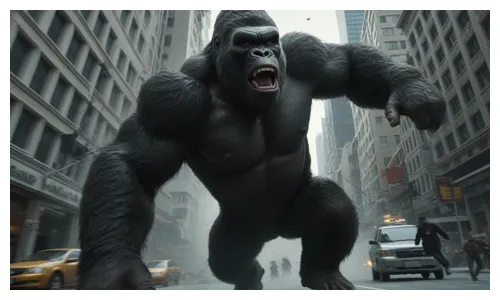 Still image of large gorilla wreaking havoc in the streets